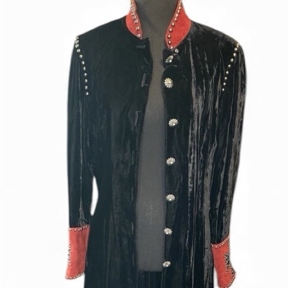 Double D Ranch heavily embellished black velvet duster jacket with red suede - Picture 12 of 14
